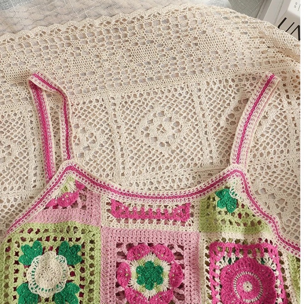Crochet dress patch pink floral beach bikini cover up knit dress sun dress - Picture 3 of 3